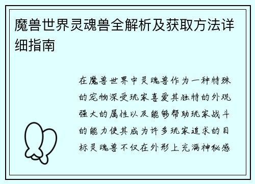 魔兽世界灵魂兽全解析及获取方法详细指南